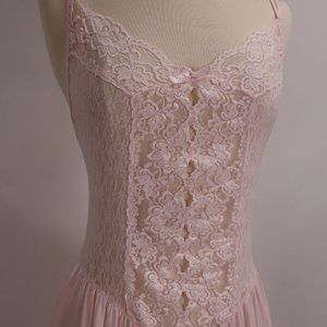 Vtg Cinema Etoile Sheer Long Pink Lace Nightgown Peignoir Lingerie Negligee S